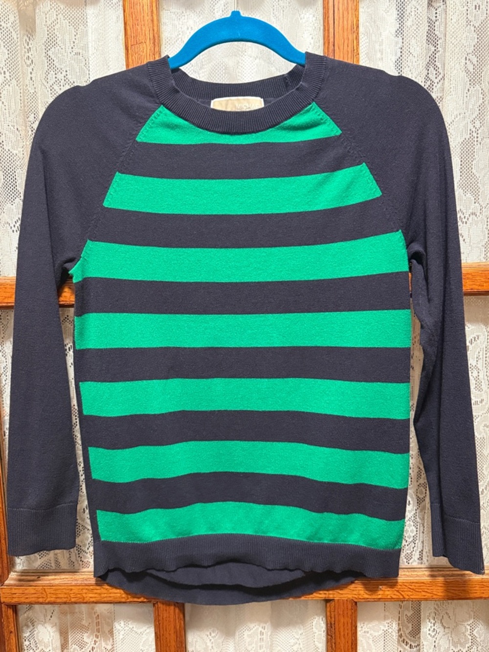 Michael Kors Navy and Emerald Green Striped Crewneck Sweater